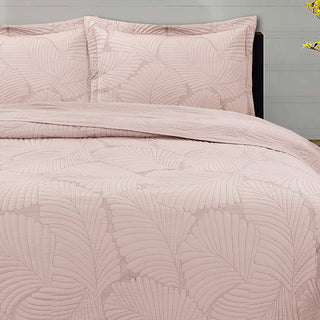 Cubrecama prewash bordado hojas 2.5P rosado