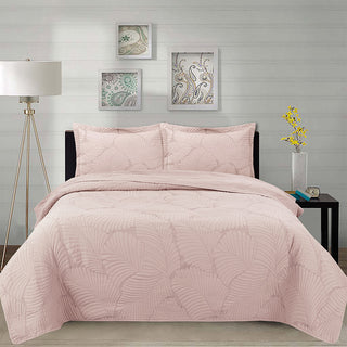 Cubrecama prewash bordado hojas 2.5P rosado