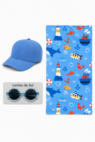 Set de Playa Infantil Toalla Microfibra 70x140 cm + Jockey + Anteojos Azul Acero