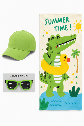 Set de Playa Infantil Toalla Microfibra 70x140 cm + Jockey + Anteojos Verde Claro