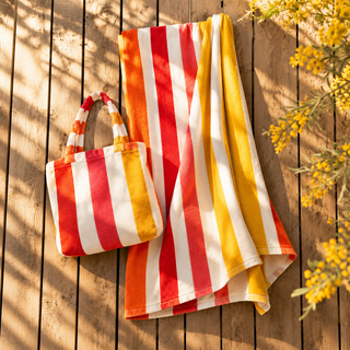 Toalla de Playa de Microfibra 70x140 cm con Bolso Integrado Rayas Naranja y Amarillo