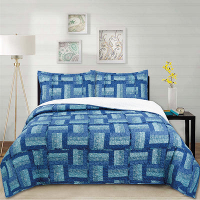 Cubrecama Ruffle Sherpa Patch Azul 1.5P - azul