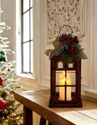 Farol Navideño Madera Natural Vela LED 43 cm
