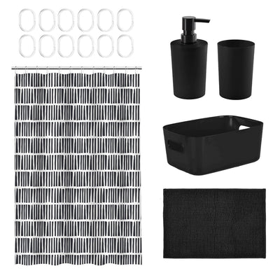Set Baño 17 Pcs Canasto+Cort+Piso+Dispen. Negro