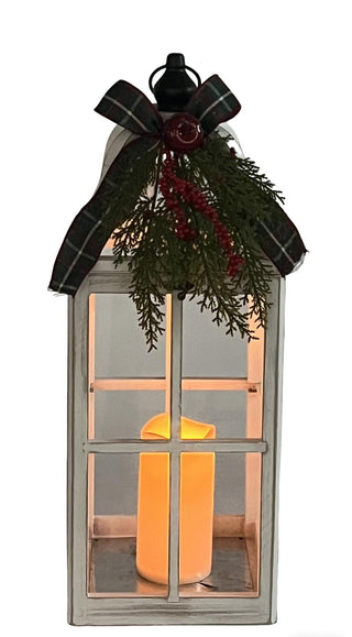 Farol Navideño Madera Blanca Vela LED 53 cm