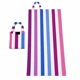 Toalla de Playa de Microfibra 70x140 cm con Bolso Integrado Rayas Morado y Rosado