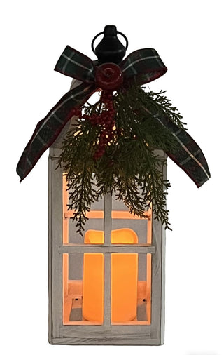 Farol Navideño Madera Blanca y Vela LED 42 cm