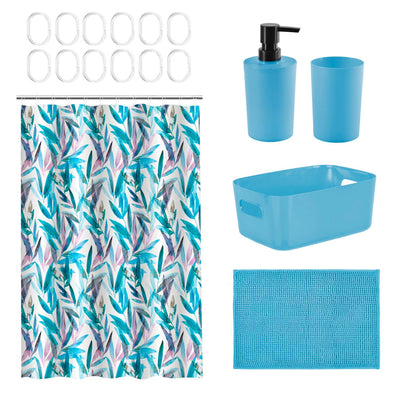 Set Baño 17 Pcs Canasto+Cort+Piso+Dispen. Turqueza