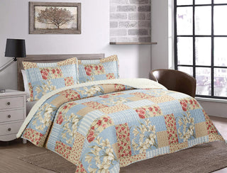 Quilt Patchwork Sherpa Azul Floral 1,5 plazas