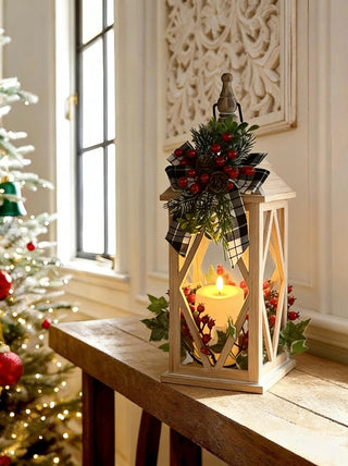 Farol Navideño Madera Cuadros Vela LED 48 cm