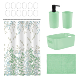 Set Baño 17 Pcs Canasto+Cort+Piso+Dispen. Verde