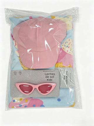 Set de Playa Infantil Toalla Microfibra 70x140 cm + Jockey + Anteojos Rosado
