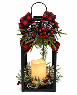 Farol Navideño Cinta Escocesa y Vela LED 35 cm