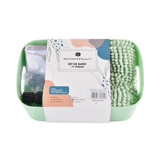 Set Baño 17 Pcs Canasto+Cort+Piso+Dispen. Verde