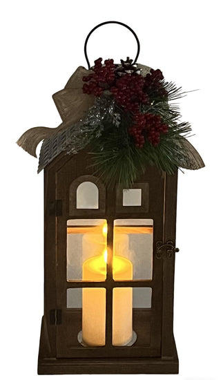 Farol Navideño Madera Natural Vela LED 43 cm
