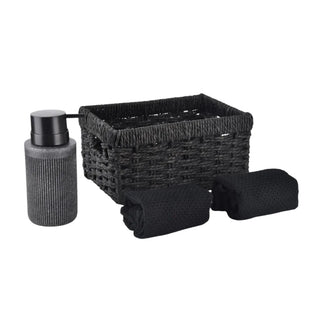 Set de Baño 4 Piezas con Canasto Organizador, Dispensador de Jabón y Toallas Negro