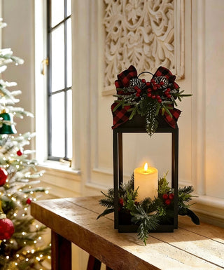 Farol Navideño Cinta Escocesa y Vela LED 46 cm