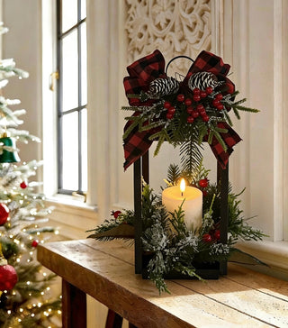 Farol Navideño Cinta Escocesa y Vela LED 38 cm