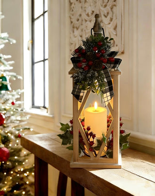 Farol Navideño Madera Cuadros Vela LED 61 cm