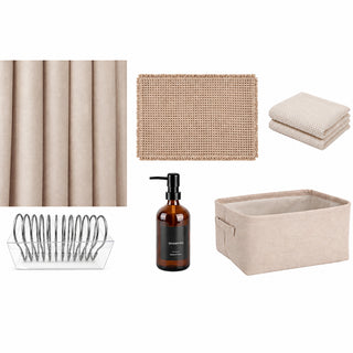 Set de Baño 18 Piezas con Cortina de Ducha, Ganchos, Alfombra y Accesorios Rosa
