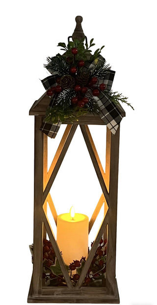 Farol Navideño Madera Cuadros Vela LED 61 cm