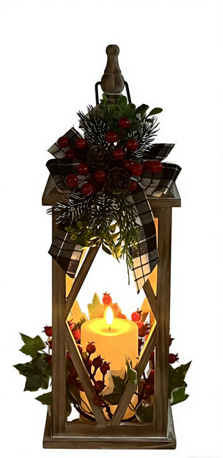 Farol Navideño Madera Cuadros Vela LED 48 cm