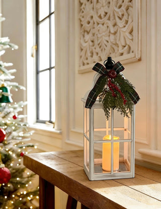 Farol Navideño Madera Blanca Vela LED 53 cm