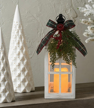 Farol Navideño Madera Blanca y Vela LED 42 cm
