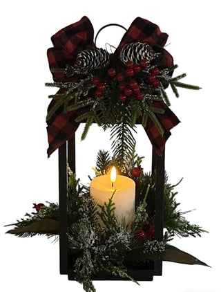 Farol Navideño Cinta Escocesa y Vela LED 38 cm